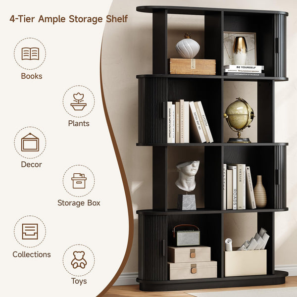 4-Tier Bookshelf with Sliding Door – Mid-Century Modern Freestanding Bookcase