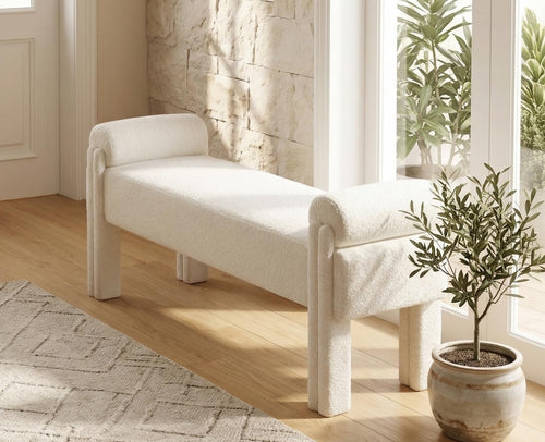 Upholstered Ottoman Bench, Sherpa Boucle, Solid Wood Frame, 53.5" Long