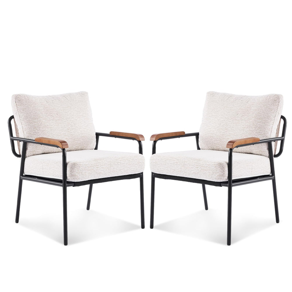 Mid-Century Modern Accent Armchair with Wood Armrests – Linen Upholstered Reading Chair