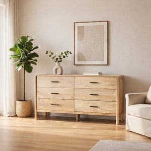 66-Inch Wide 6-Drawer Dresser – Natural Oak White Mango Wood
