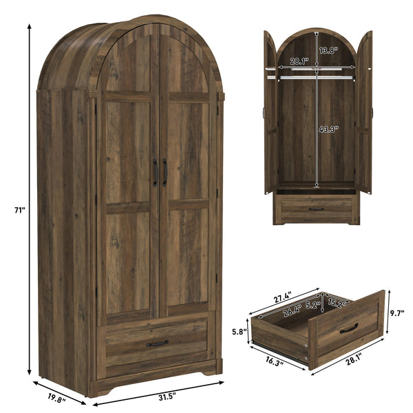 2-Door Arched Armoire Wardrobe with Mirror, Lights & Drawers