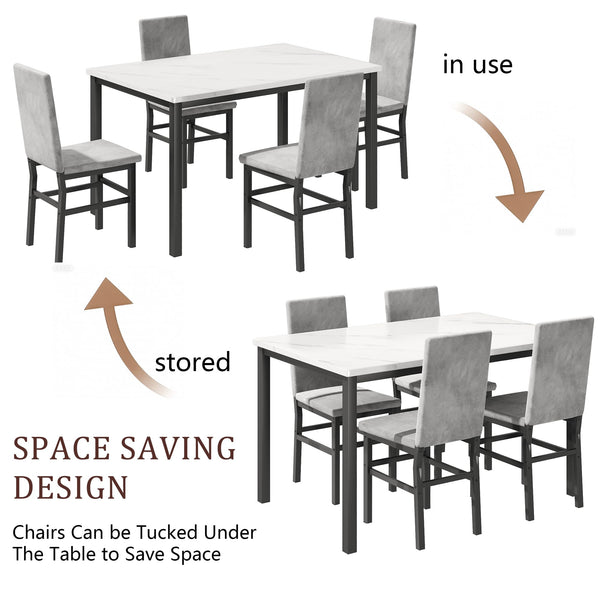 5-Piece Faux Marble Dining Table Set with 4 Upholstered Chairs