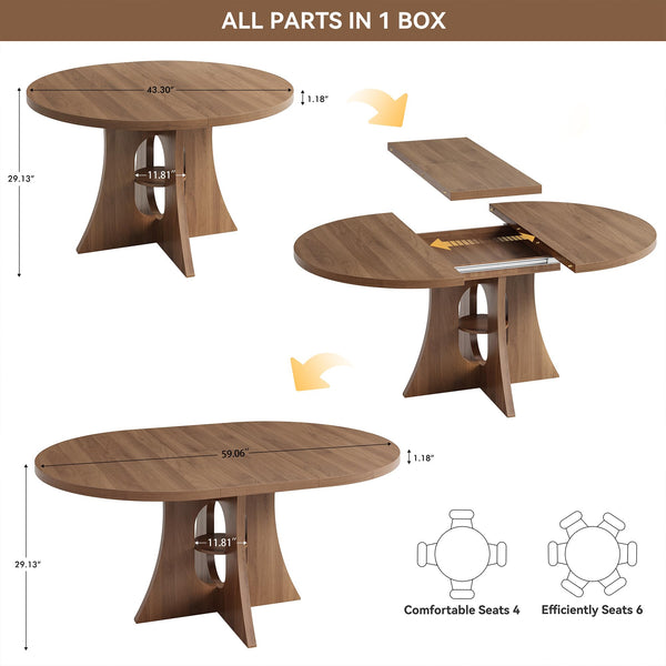 Extendable Round Dining Table with Storage Shelf | 43.3" to 59" Oval