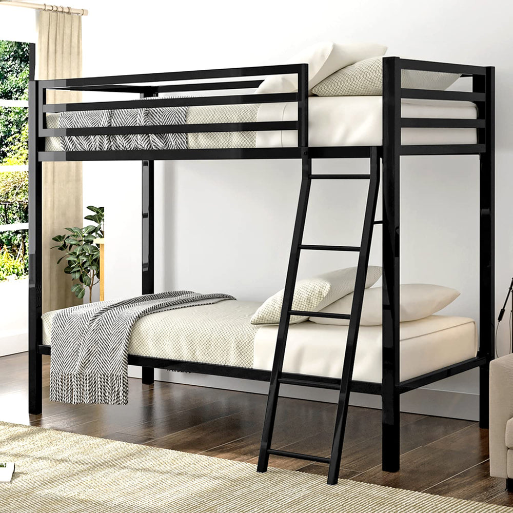 Twin Over Twin Metal Bunk Bed with Ladder and Guardrail