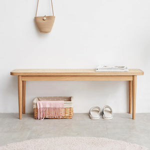 Solid Oak Wood Bench with Rattan Detail