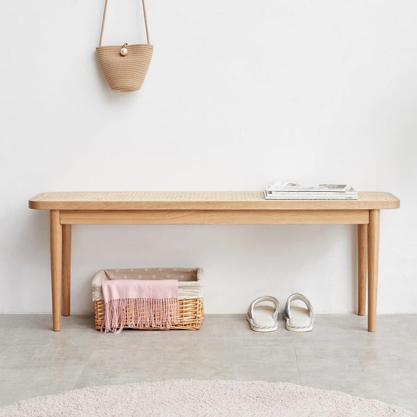 Solid Oak Wood Bench with Rattan Detail