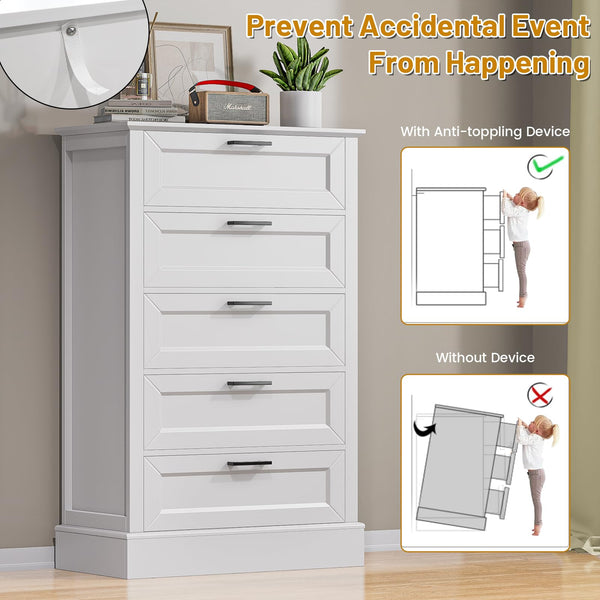 White 5-Drawer Dresser with Black Handles