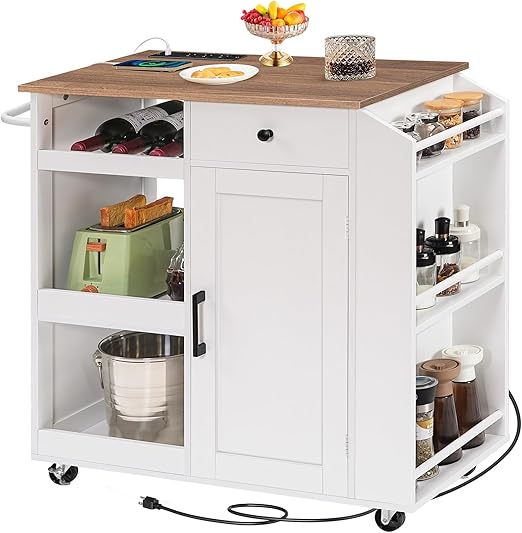 Rolling Kitchen Island Cart with Power Outlet, Drawer, Wine Rack & Spice Rack