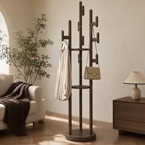 Rotary Wood Coat Rack with Shelves & Hooks