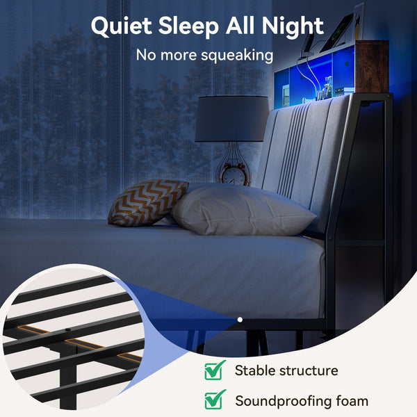 Upholstered Platform Bed Frame with LED Lights, Storage Headboard & Charging Station