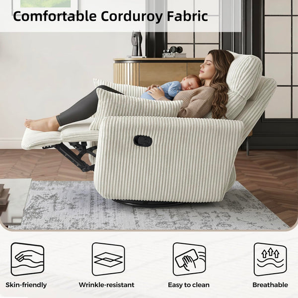 Corduroy Swivel Recliner Chair with Glider & 2 Pillows