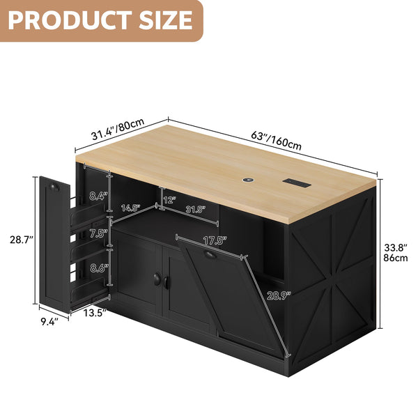 63-Inch Kitchen Island with LED Lights, Power Outlet & Trash Can Storage