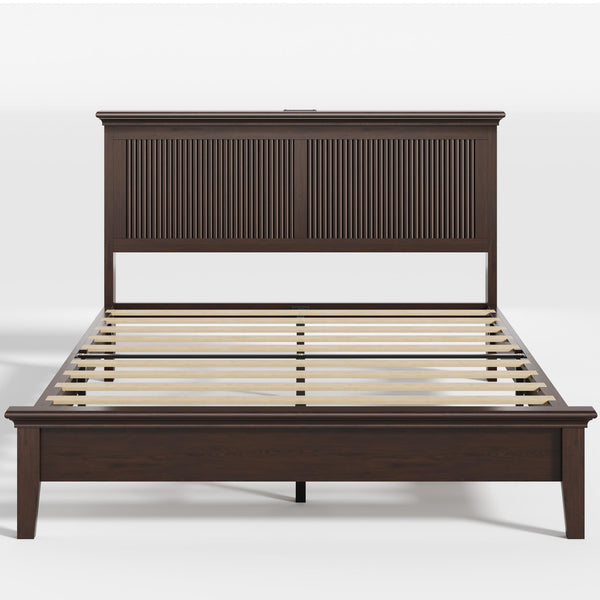 Solid Wood Bed Frame with Tall Headboard, Charging Station & RGB LED