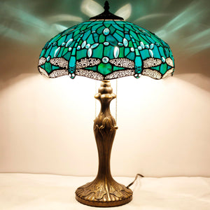 Tiffany Table Lamp Sea Blue Green Dragonfly Stained Glass 16" Shade 24" Height