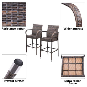 Outdoor Wicker Bar Stool Set with Footrest & Armrest (Set of 2, Brown)