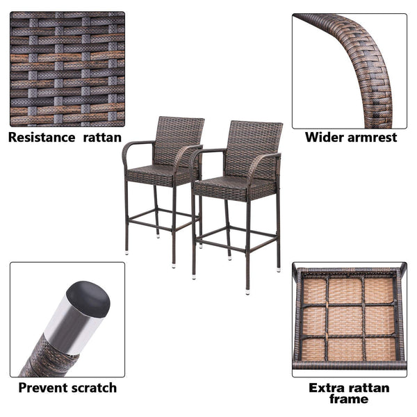 Outdoor Wicker Bar Stool Set with Footrest & Armrest (Set of 2, Brown)