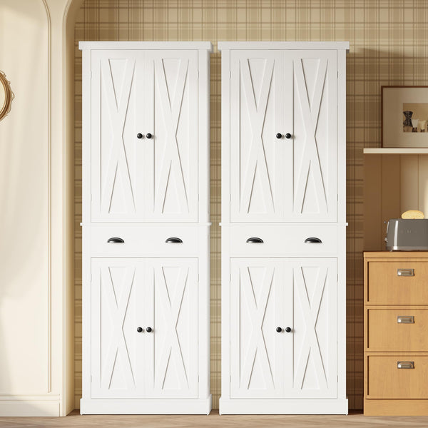 Kitchen Pantry Storage Cabinet with Barn Doors & Drawer — White, 72.6"H