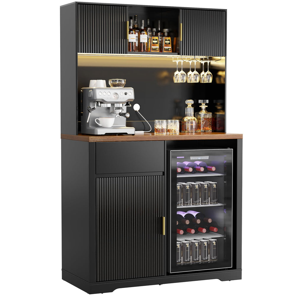 72" Tall Bar Cabinet with Fridge Space, Fluted Hutch, LED Light & Power Outlet