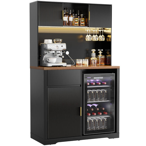 72" Tall Bar Cabinet with Fridge Space, Fluted Hutch, LED Light & Power Outlet