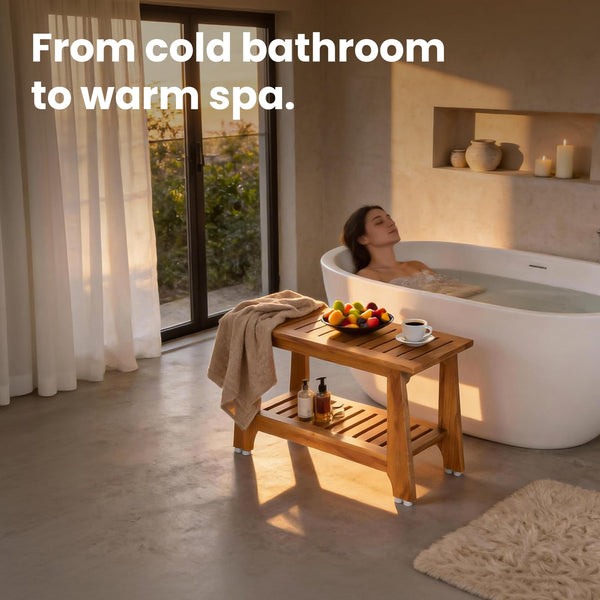 NNN 24" Commercial Teak Shower Bench - 8 Non-Slip Leveling Feet & 350 lbs Capacity | Rock-Solid Stability for Seniors & Spa Safety | Waterproof Design for Saunas/Outdoor Pools (Patented)