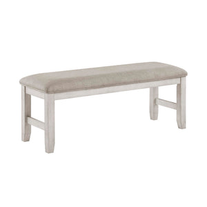 Upholstered Dining Bench with Wood Frame – Light Gray Fabric, Antique White Finish