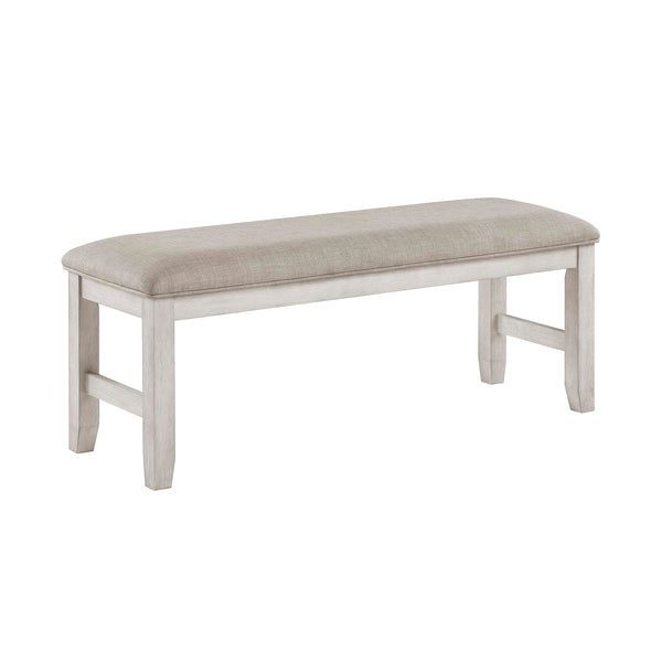 Upholstered Dining Bench with Wood Frame – Light Gray Fabric, Antique White Finish