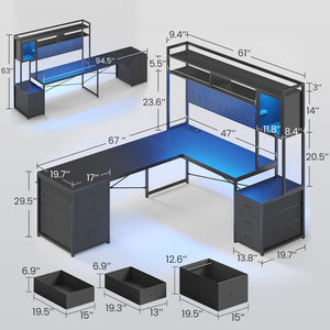 L-Shaped Gaming Desk with Drawers, LED Lights & Power Outlet