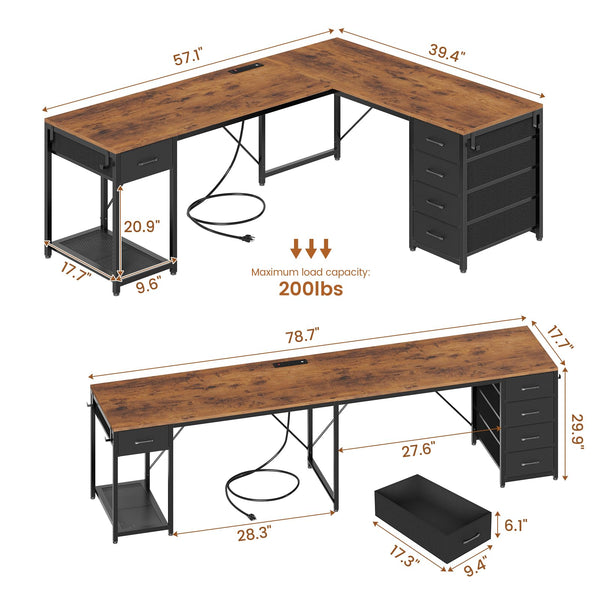 L-Shaped Desk with Drawers & Power Strip
