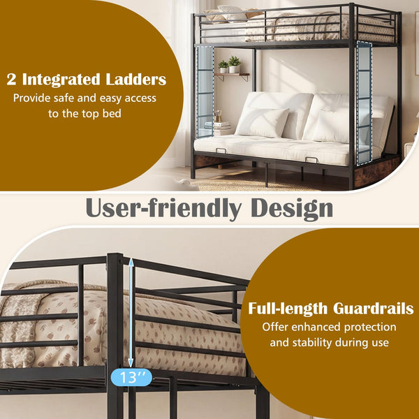 Twin Over Twin Futon Bunk Bed with Ladders & Guardrails