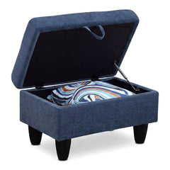 Storage Ottoman Bench – Dark Blue Linen, Solid Wood Frame