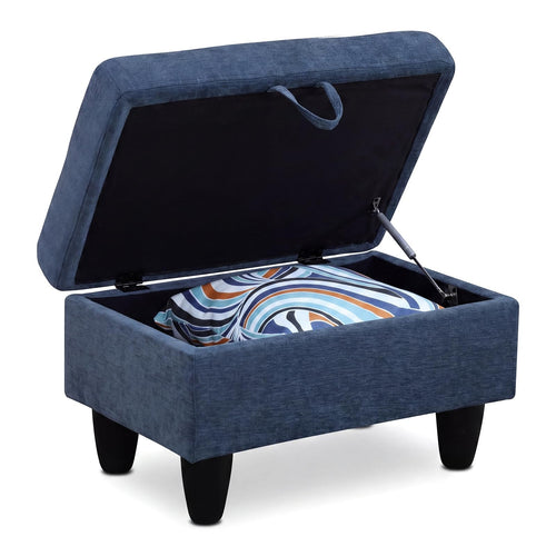 Storage Ottoman Bench – Dark Blue Linen, Solid Wood Frame