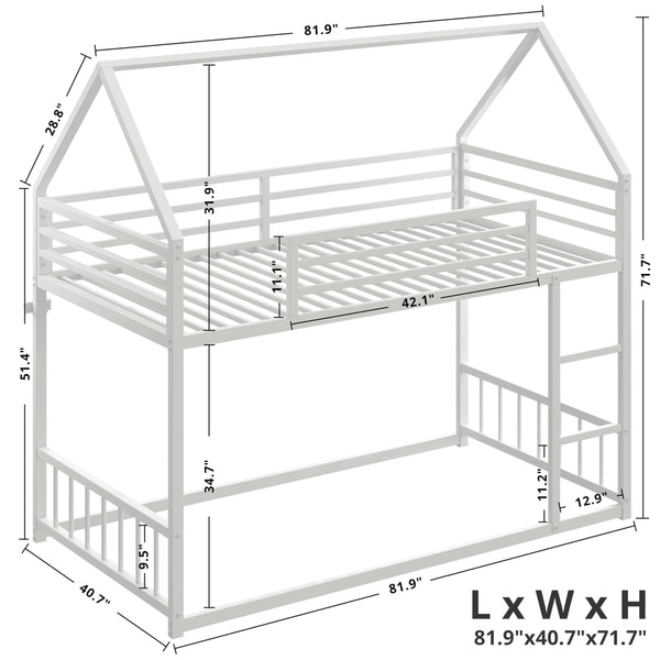 Twin XL Over Twin XL Metal Bunk Bed – House Shaped with Ladder & Guardrail