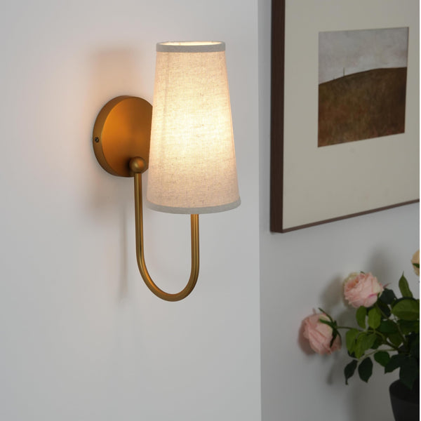 Set of 2 Linen Fabric Wall Sconces – Hardwired Curved Arm Vanity Light