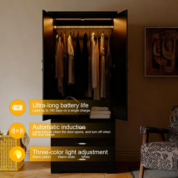 Wooden Wardrobe Closet with 3 Drawers, LED Light & Hanging Rod
