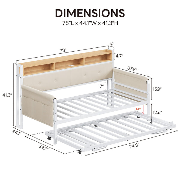 Twin Daybed with Trundle, Upholstered Headboard & Charging Station