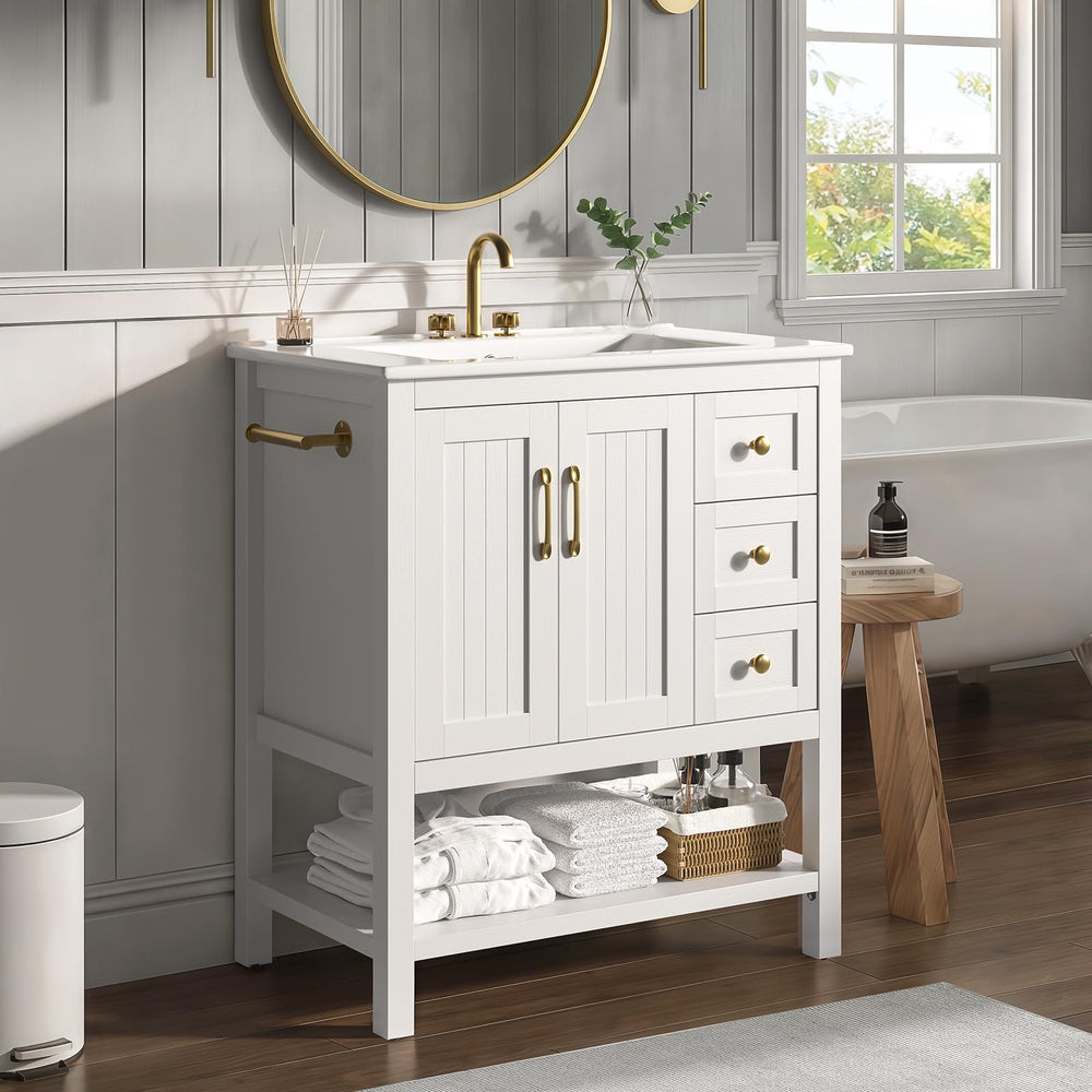 30-Inch Bathroom Vanity with Sink, Towel Holder & 3 Drawers – White