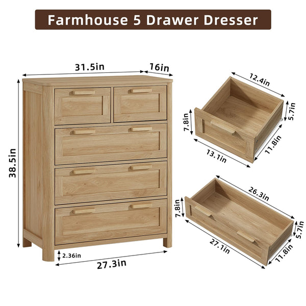 5-Drawer Farmhouse Wood Dresser with Deep Drawers