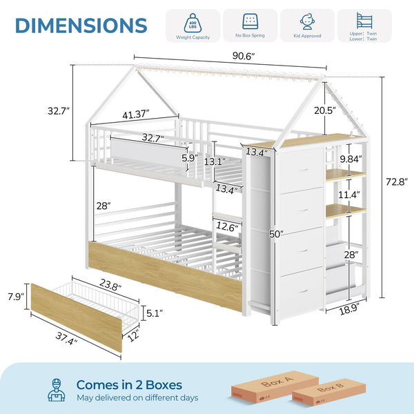 Twin Low Bunk Bed with Storage Drawers & House Design