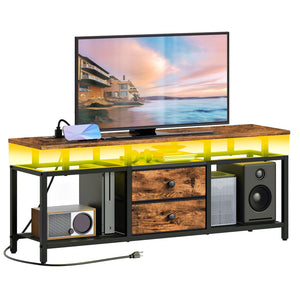 YATINEY TV Stand with LED Light and Power Outlets, Entertainment Center with Fabric Drawers and Open Shelves, 41.7" TV Cabinet for TVs up to 45 Inch, Media Console for Living Room, Brown DS03UDBR