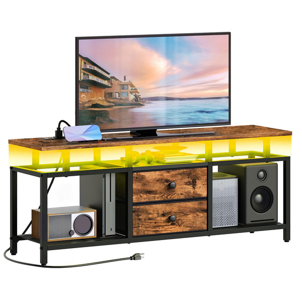 YATINEY TV Stand with LED Light and Power Outlets, Entertainment Center with Fabric Drawers and Open Shelves, 41.7" TV Cabinet for TVs up to 45 Inch, Media Console for Living Room, Brown DS03UDBR