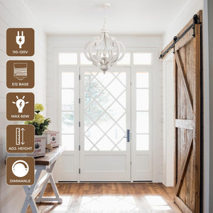 5-Light Farmhouse Chandelier – Distressed White, Rustic Wood, Adjustable Height