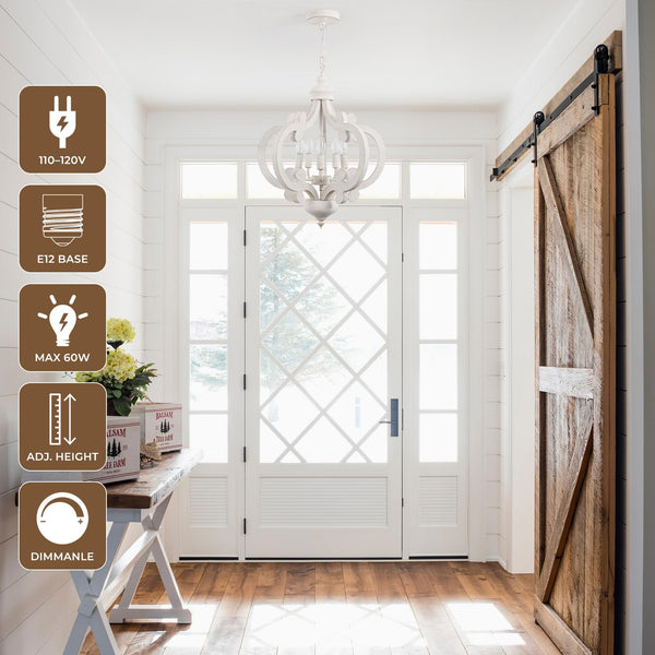 5-Light Farmhouse Chandelier – Distressed White, Rustic Wood, Adjustable Height