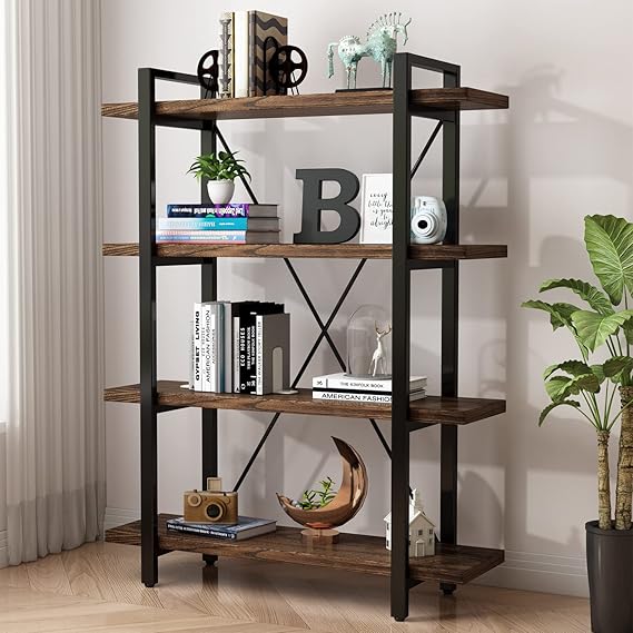 Industrial Solid Wood Bookcase with Metal Frame