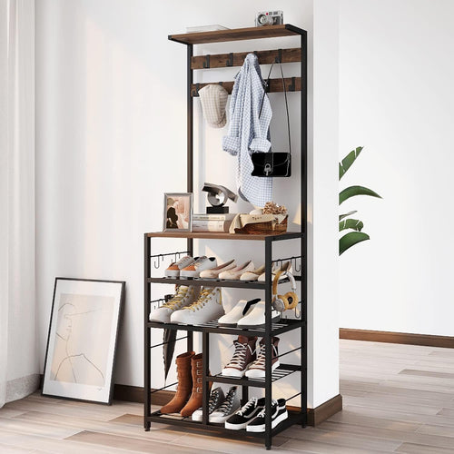 5-in-1 Hall Tree with Console Table & Shoe Rack