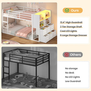 Twin Over Twin Bunk Bed with Storage Drawers & LED Lights