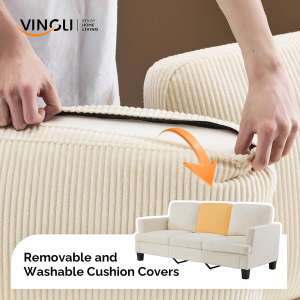 Beige Corduroy 3-Seater Sofa with Deep Seat