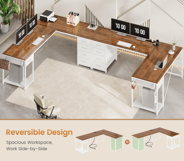 L-Shaped Desk with Drawers & Built-In Power Strip