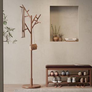 Freestanding Wood Coat Rack Tree with 12 Hooks