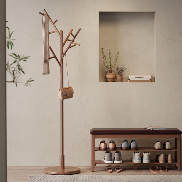 Freestanding Wood Coat Rack Tree with 12 Hooks