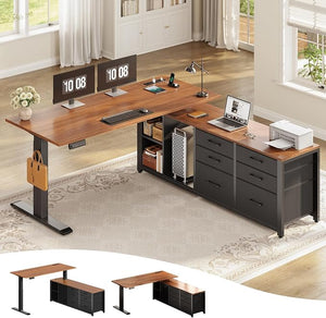 L-Shaped Electric Standing Desk with Drawers & Power Outlet